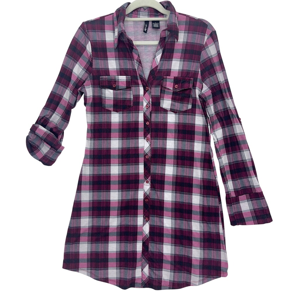Purple Black Plaid Button Front Shirt Dress L Emo Grunge Punk Alt Indies 90s Y2K